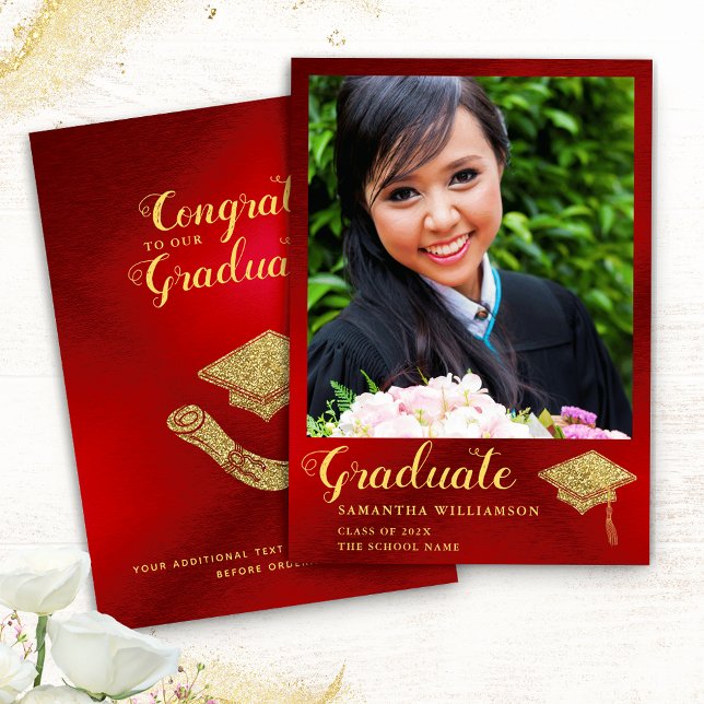 Glam Class of 2025 Red and Gold Photo Graduation Announcement (Creator Uploaded)