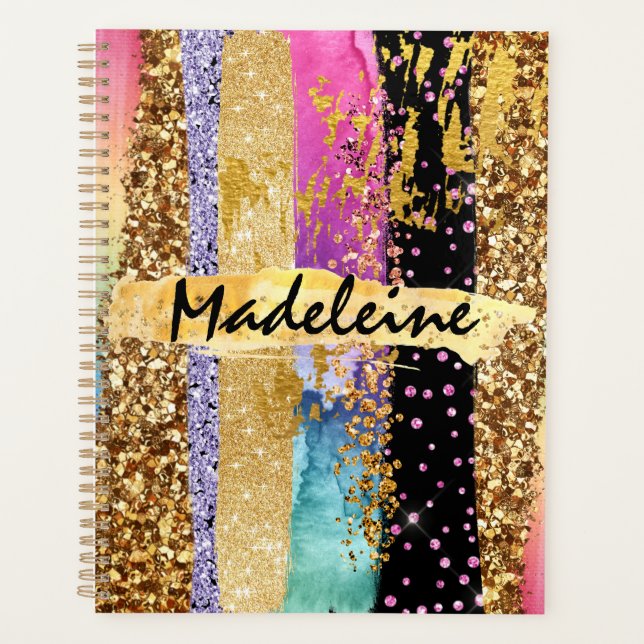 Glam colourful glitter rainbow DIY name Planner (Front)