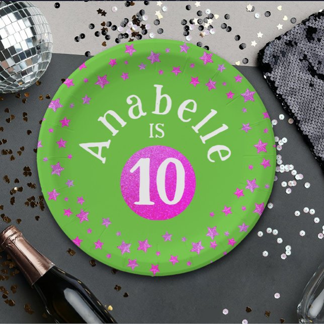 Glam Cool Pink Green Glitter Stars Kid Birthday  Paper Plate (Creator Uploaded)