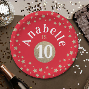 Glam Cool Red And Gold Glitter Stars Kid Birthday  Paper Plate