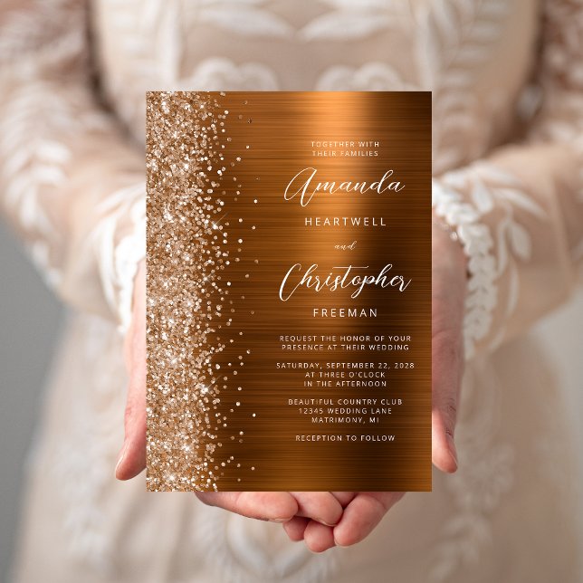 Glam Copper Brushed Metal Glitter Wedding Invitation (Creator Uploaded)