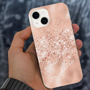 Glam Coral Pink Foil Confetti iPhone 14 Case