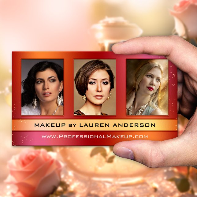Glam Custom Photos Portfolio Makeup Business Card (Beauty business card featuring a photo portfolio on a colorful red orange glitter design)