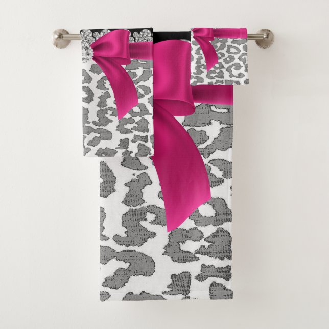 Glam D/Pink Bow-Grey Leopard-Silver Floral Sparkle Bath Towel Set (Insitu)