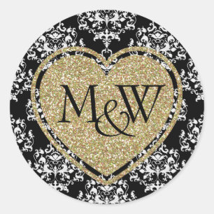 Glam Damask & Gold Glitter Monogram Wedding Classic Round Sticker