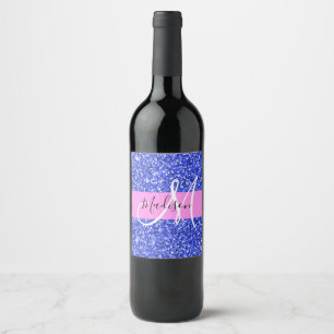 Glam Dark Blue Pink Glitter Sparkles Name Monogram Wine Label