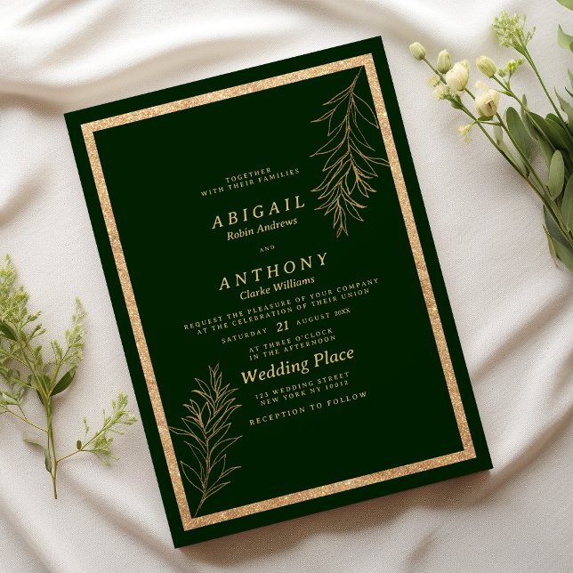 Glam dark green gold glitter leaf floral Wedding Invitation (Glam dark green gold glitter leaf floral Wedding )