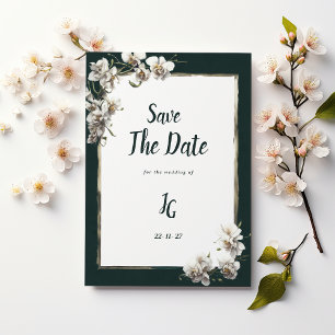 Glam dark green gold white orchid Save The Date Invitation