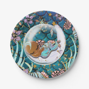 Glam Dark Mermaid Gold Glitter Boys Baby Shower Paper Plate