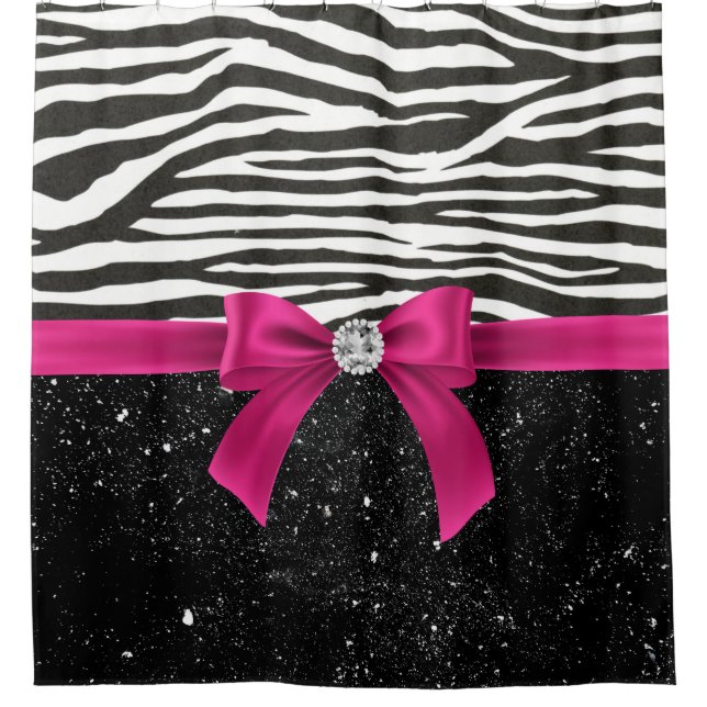 Glam Deep Pink Bow-Zebra Print-Black Sparkle Shower Curtain (Front)
