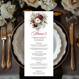 Glam Deep Red Flowers Eucalyptus Gold Menu Card