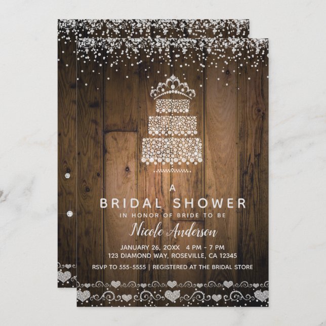 Glam Diamond Bling Cake Tiara & Wood Bridal Shower Invitation (Front/Back)