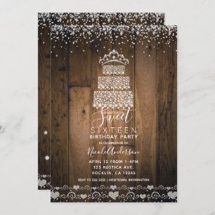 Glam Diamond Bling Cake Tiara Wood Sweet 16 Party Invitation