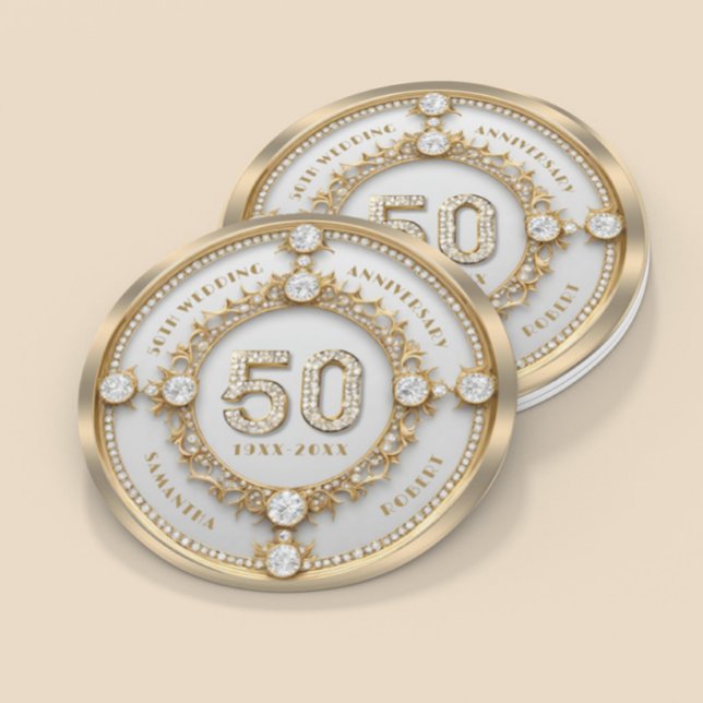 Glam Diamond & Gold Frame 50th Wedding Anniversary Round Paper Coaster (Creator Uploaded)