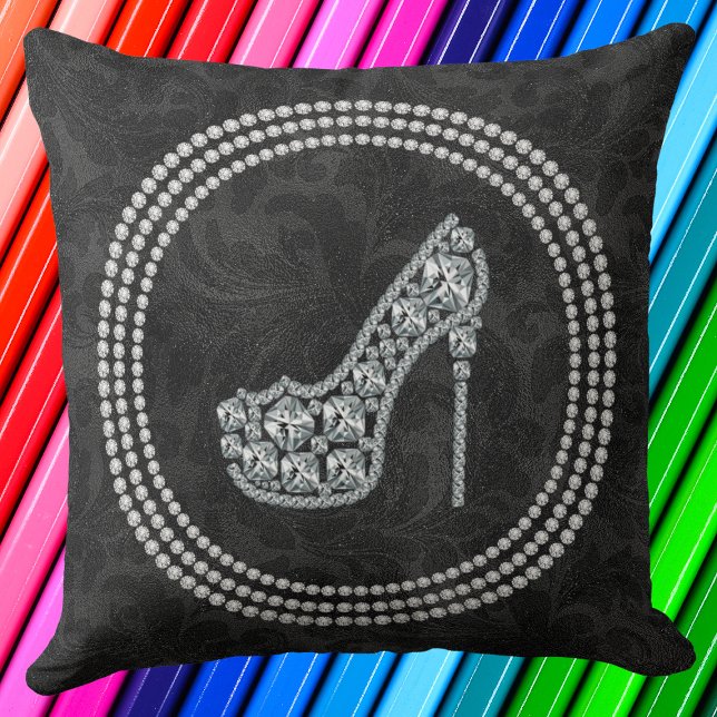 Glam Diamond Stiletto Shoe On Black Damask Cushion (Creator Uploaded)