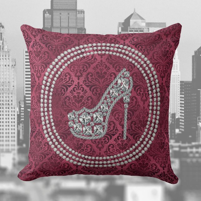 Glam Diamond Stiletto Shoe On Burgundy Damask Cushion (Creator Uploaded)
