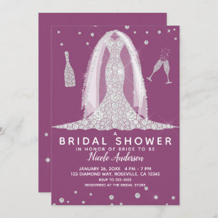 Glam Diamond Wedding Dress Berry Bridal Shower Invitation