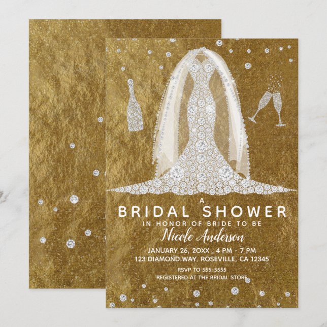 Glam Diamond Wedding Dress Gold Bridal Shower Invitation (Front/Back)
