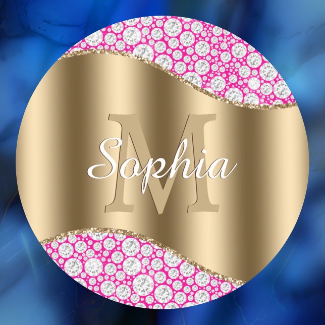 Glam Diamonds Fuchsia, Gold Monogram, Script Name Classic Round Sticker (Creator Uploaded)