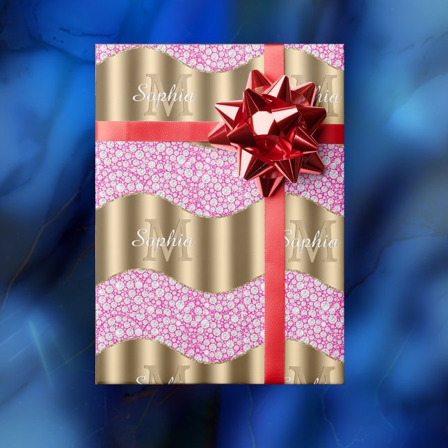 Glam Diamonds Fuchsia, Gold Monogram, Script Name Wrapping Paper (Creator Uploaded)