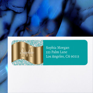 Glam Diamonds, Gold Monogram, Deep Teal Address 