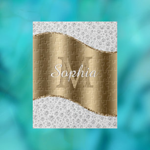 Glam Diamonds, Gold Monogram, Script Name Jigsaw Puzzle