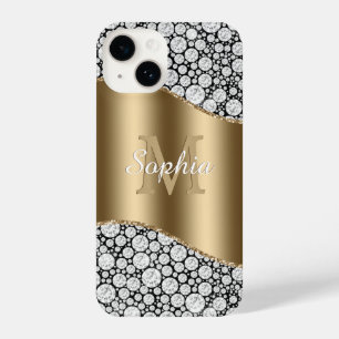Glam Diamonds on Black, Gold Monogram, Script Name iPhone 14 Case
