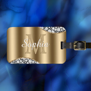 Glam Diamonds on Black, Gold Monogram, Script Name Luggage Tag
