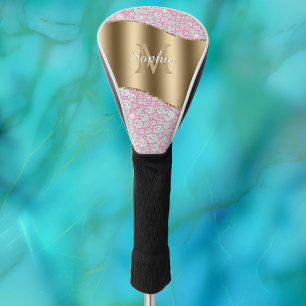 Glam Diamonds on Pink, Gold Monogram, Script Name Golf Head Cover