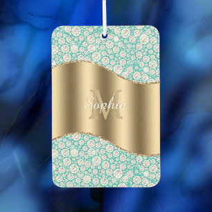 Glam Diamonds on Teal, Gold Monogram, Script Name Car Air Freshener