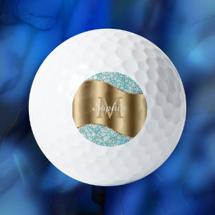 Glam Diamonds on Teal, Gold Monogram, Script Name Golf Balls