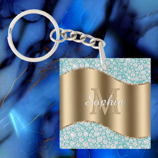Glam Diamonds on Teal, Gold Monogram, Script Name Key Ring (Creator Uploaded)