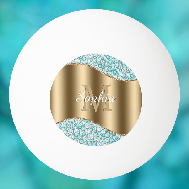 Glam Diamonds on Teal, Gold Monogram, Script Name Ping Pong Ball (Creator Uploaded)