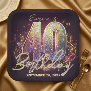 Glam Disco Ball Music Notes 40th Birthday Party Paper Plate