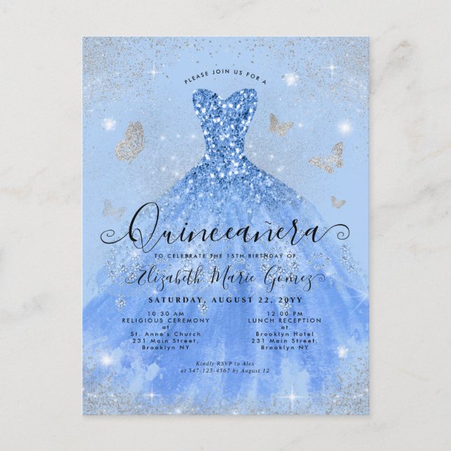 Glam Dusty Blue Silver Glitter Gown Quinceanera Postcard (Front)