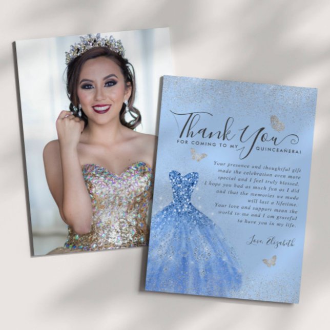 Glam Dusty Blue Silver Glitter Quinceanera Photo Thank You Card (Creator Uploaded)