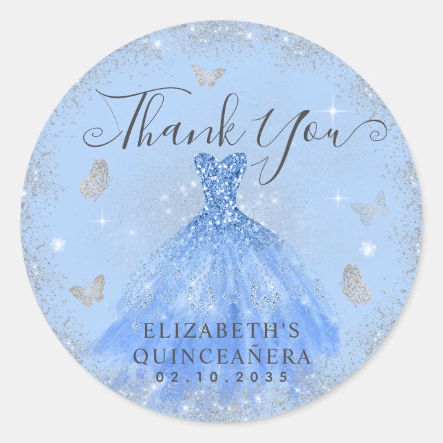 Glam Dusty Blue Silver Gown Quinceañera Thank You Classic Round Sticker (Front)