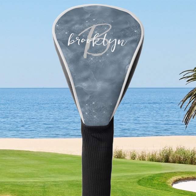 Glam Dusty Blue Stardust Glitter Script Monogram Golf Head Cover (Creator Uploaded)