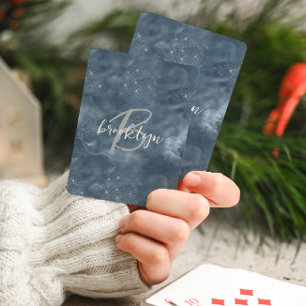Glam Dusty Blue Stardust Swirl Script Monogram Playing Cards