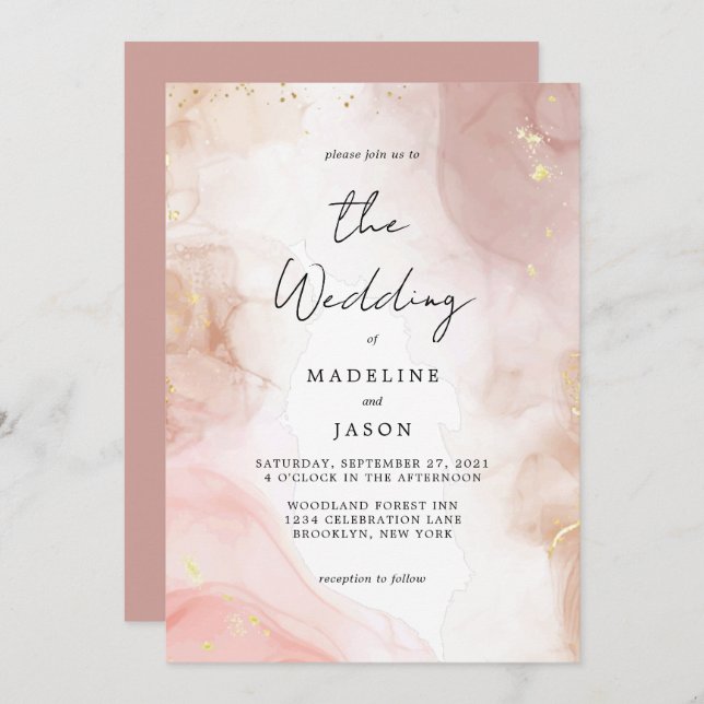 Glam Dusty Pink Watercolor Gold Fluid Ink Wedding Invitation (Front/Back)