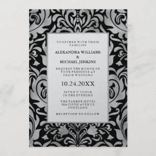 Glam Elegant Luxe Silver Damask on Black Wedding Invitation