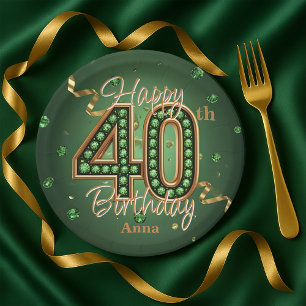 Glam Emerald Green and Gold 40th Birthday Paper Plate