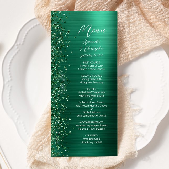 Glam Emerald Green Glitter Brushed Metal Wedding Menu (Creator Uploaded)
