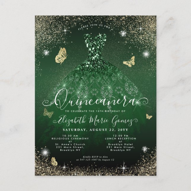 Glam Emerald Green Gold Glitter Gown Quinceanera Postcard (Front)