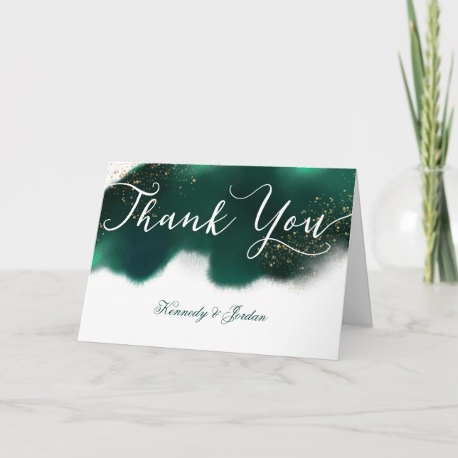 Glam Emerald Green Gold Glitter Wedding Photo Thank You Card (Front)