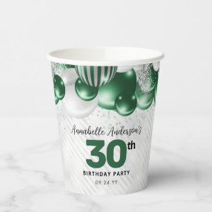Glam Emerald Green Silver Balloon Glitter Birthday Paper Cups