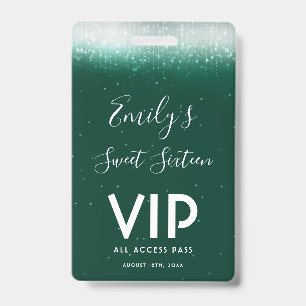 Glam Emerald Sweet 16 Invitation VIP Pass Badge ID Badge