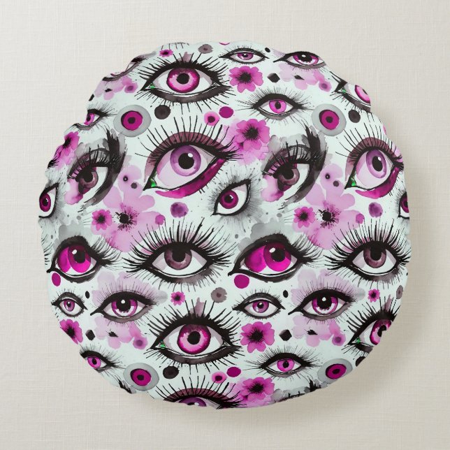 Glam Eyes and Lashes in Pink Watercolor Round Cushion (Front)