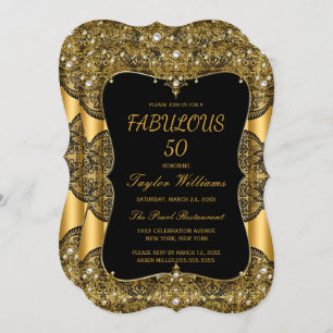 Glam Fabulous 50 Party Black Lace Pearl Gold Invitation