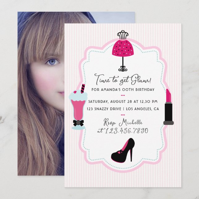 Glam Fashion Diva Birthday Party Photo Invitation (Front/Back)